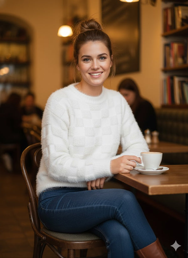 Fuzzy Checkered Knit Sweater