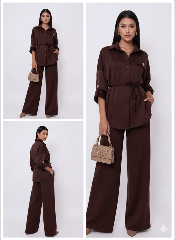 "Belted Utility Shirt and Palazzo Pants Set"