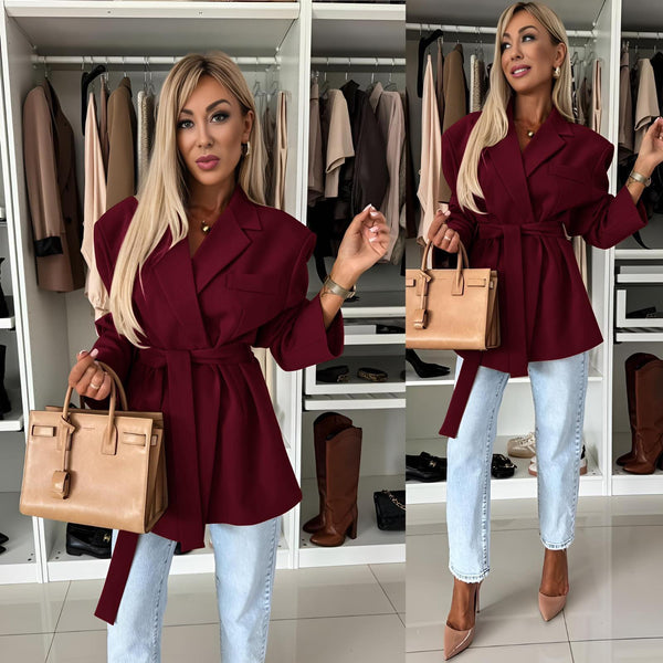 Burgundy Tie-Waist Power Blazer